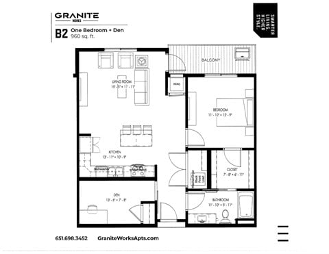 Floor plan for 1 bed, 1 bath, 960 sqft